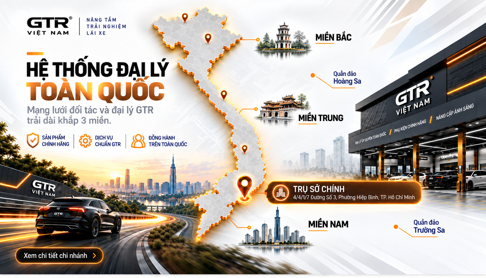 Đồ họa giới thiệu mạng lưới đại lý GTR Việt Nam trên toàn quốc