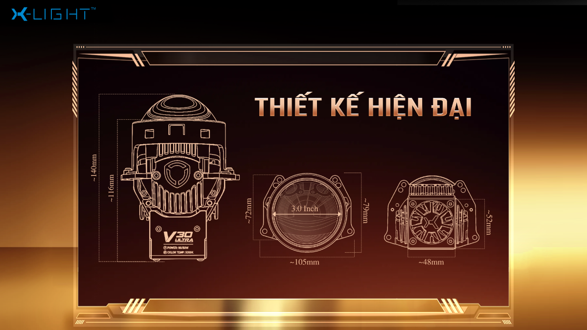Bản vẽ kích thước Bi LED X-Light V30 Ultra 2026: lens 3.0 inch, đường kính khoảng 72–79 mm, chiều rộng đế khoảng 105 mm, chiều dài tổng thể khoảng 140 mm và chiều cao quạt tản nhiệt khoảng 48–52 mm.